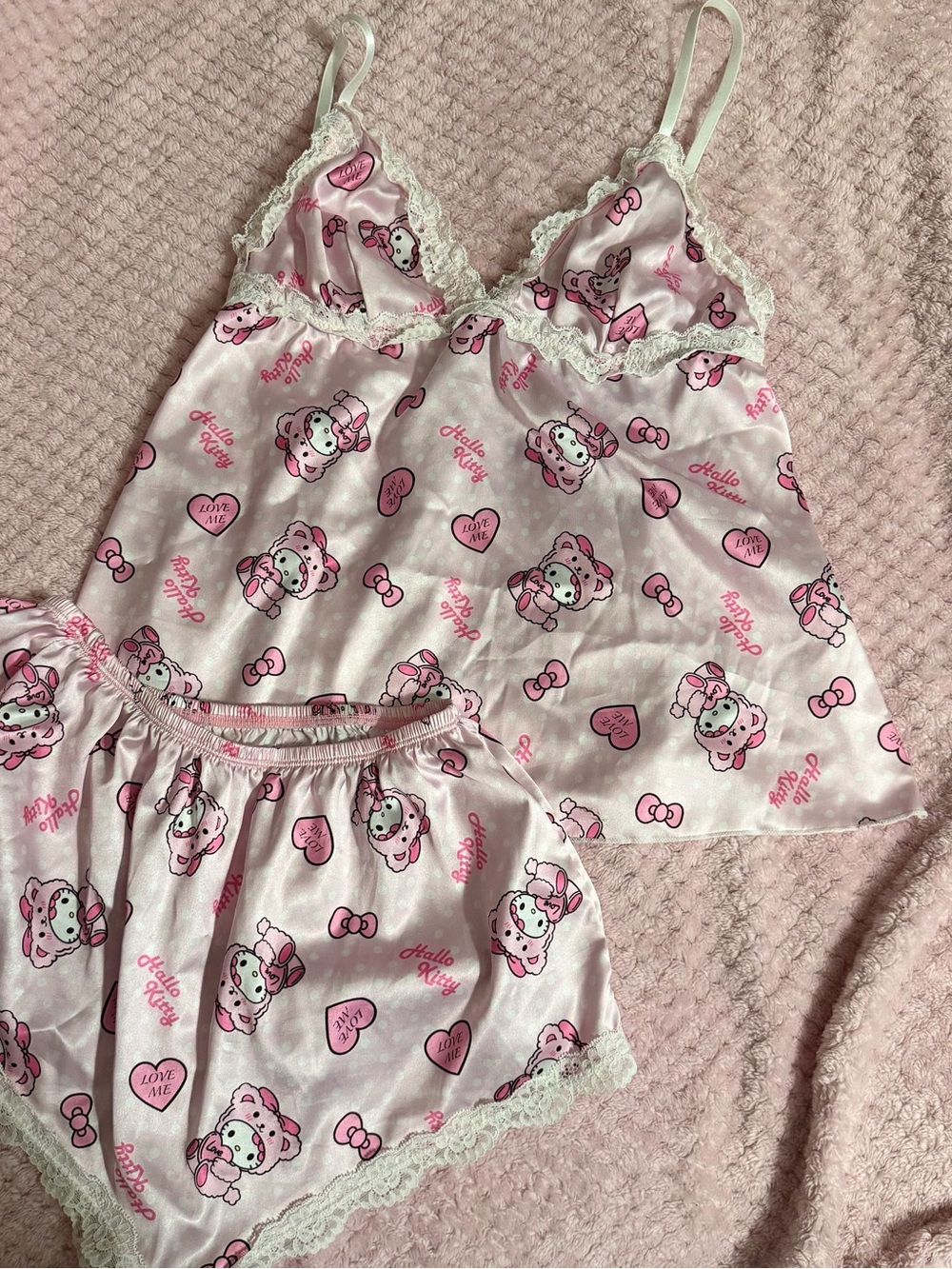 Hello Kitty Pink & White Satin Lace Cami and Shorts Pajama Set